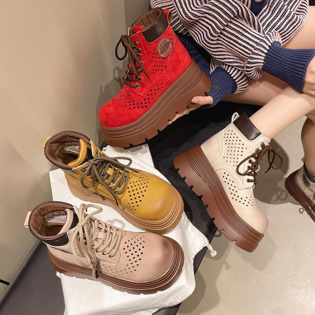 Thick-soled Hollow Rhubarb Boots Women's Martin Boots 2025 Summer, Autumn and Winter New Popular Short Tube Versatile Short Boots Single Boots