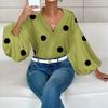 Women's  Casual French Polka Dot Half Open Neck Loose Bubble Long Sleeve Top