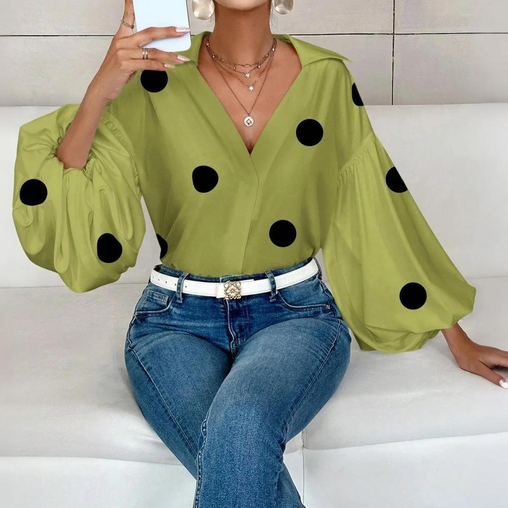 Women's  Casual French Polka Dot Half Open Neck Loose Bubble Long Sleeve Top