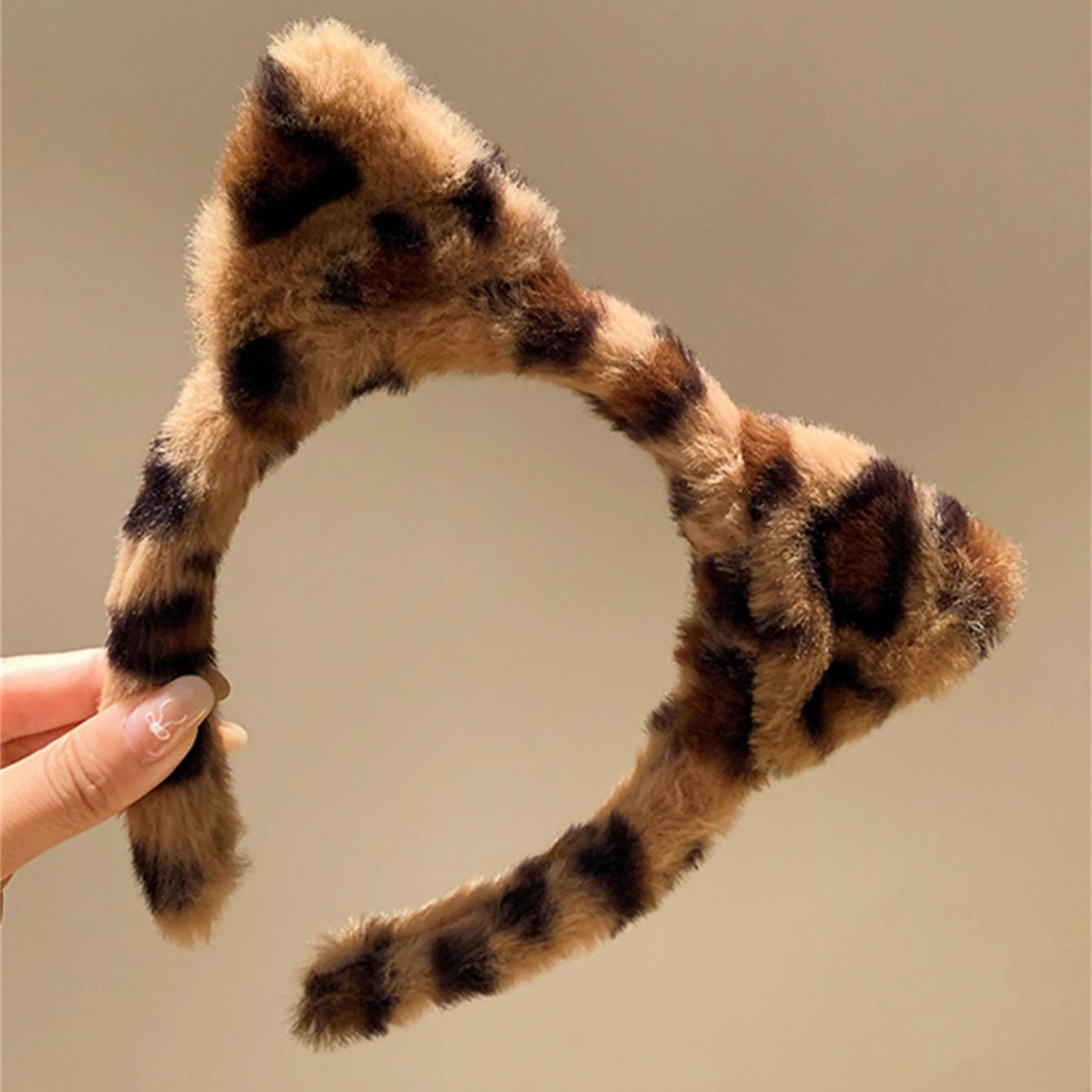 

Милая плюшевая повязка на голову с кошачьими ушками с леопардовым принтом для лица для женщин зимой, специальная маска для лица, прижимающая волосы, аксессуары для волос