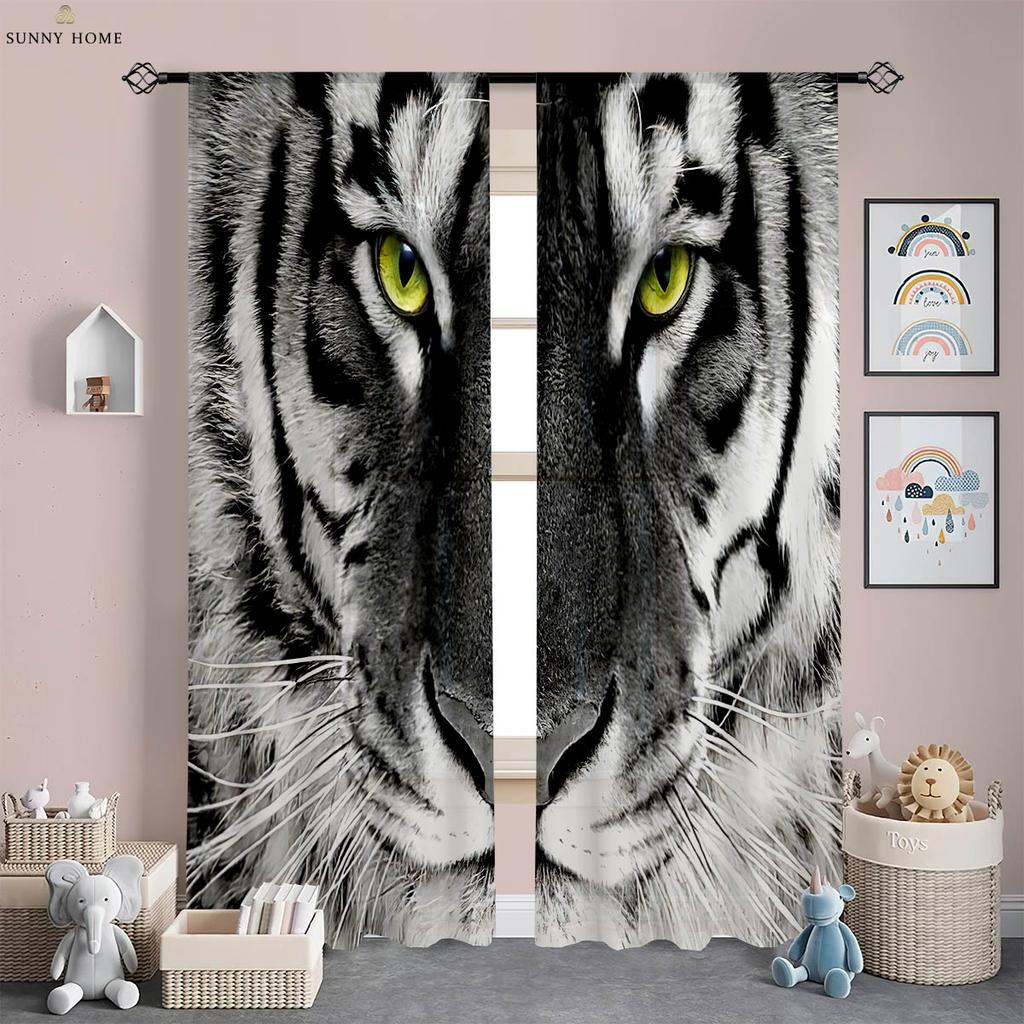 Cool Black And White Tiger 3D tištěné závěsy Kuchyně Obývací pokoj Ložnice Studovna Dekorativní tyčové kapesní závěsy 2 kusy