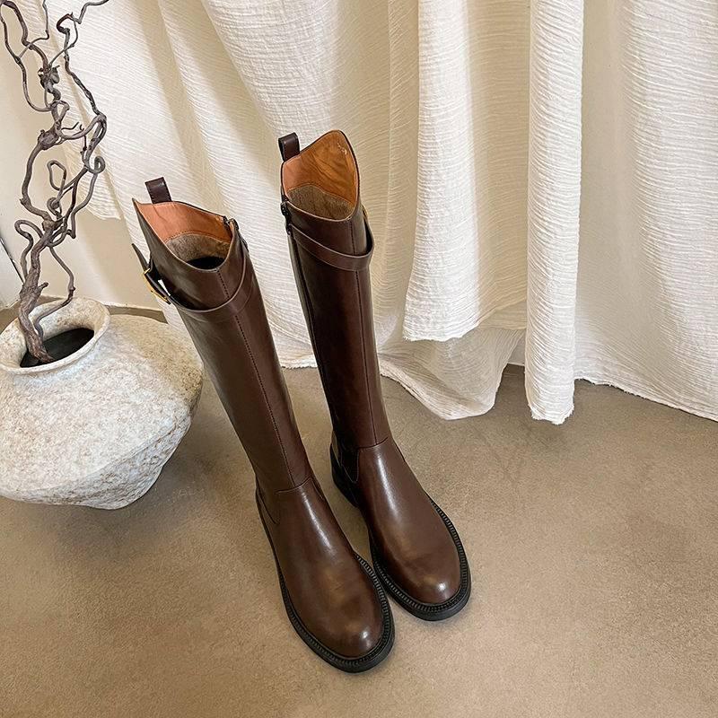 Autumn and winter platform knight boots women's medium heel round head versatile leather high boots new rubber sole large size women's boots