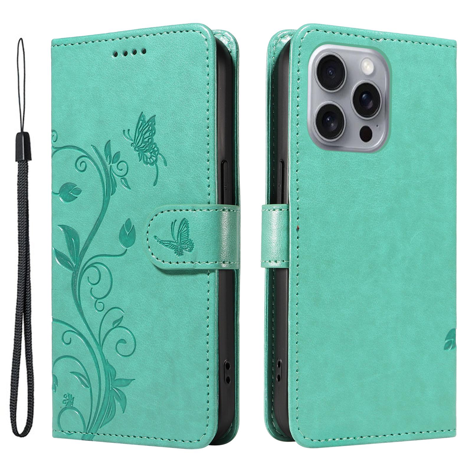 

For iPhone 16 Pro Max PU Leather Cases Flower Pattern Wallet Stand Phone Cover with Strap Green