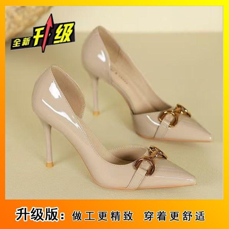 Sexy patent leather metal buckle pointed single shoes spring and autumn new design sense niche high heels women