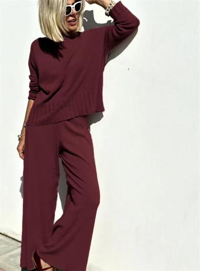 Spring 2025 Elegant Knit Wide-Leg Pants & Sweater Set - Casual Two-Piece Ensemble