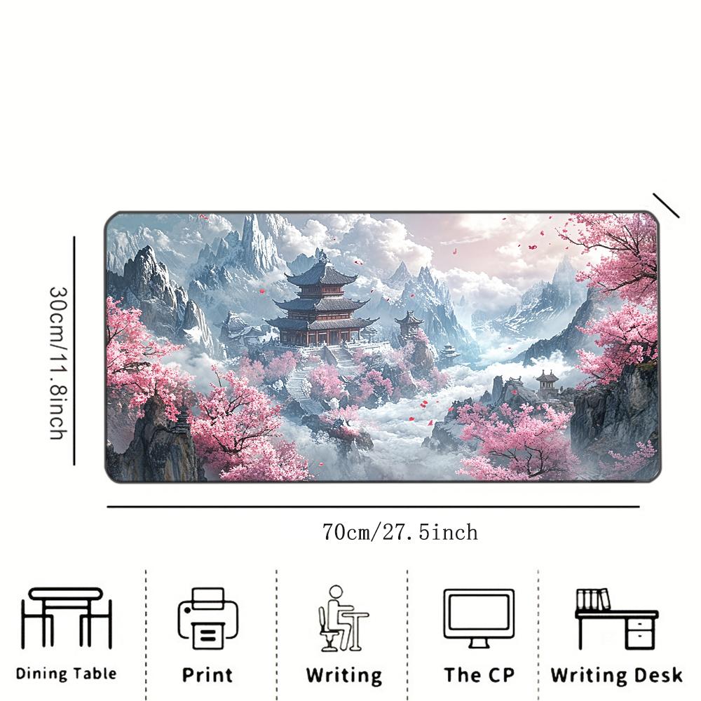 Sakura Mountain Pagoda Printed Desk Pad Extra Large Soft Rubber Mouse Pad Serene Aesthetic Gaming Keyboard Mat Multi-Size