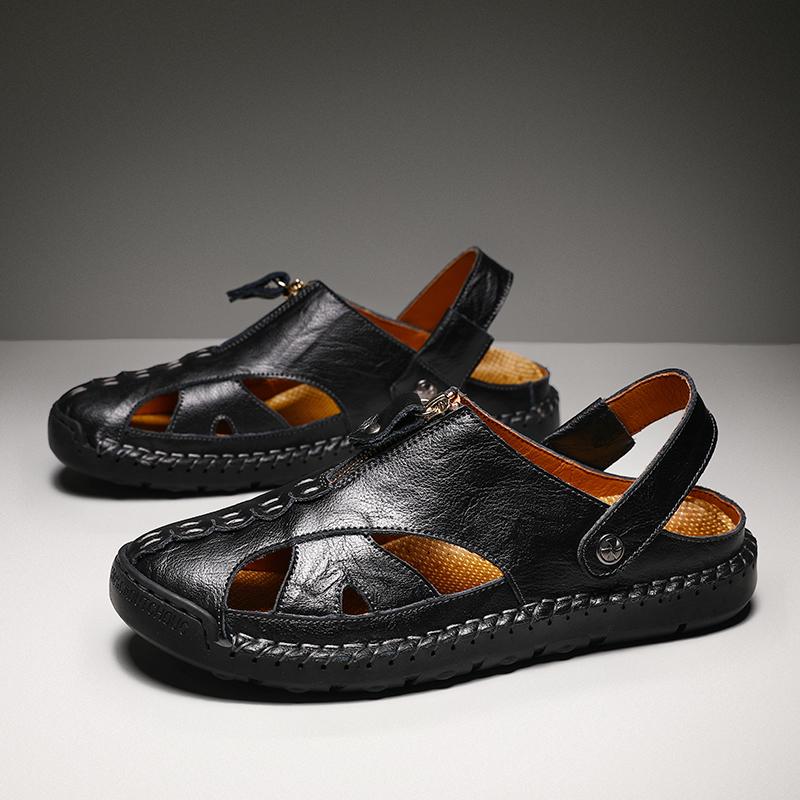 Men Outdoor Hiking Sandals Brown Leather Closed Toe Blue Beach Shoes Walking Handmade Sandals Plus Size