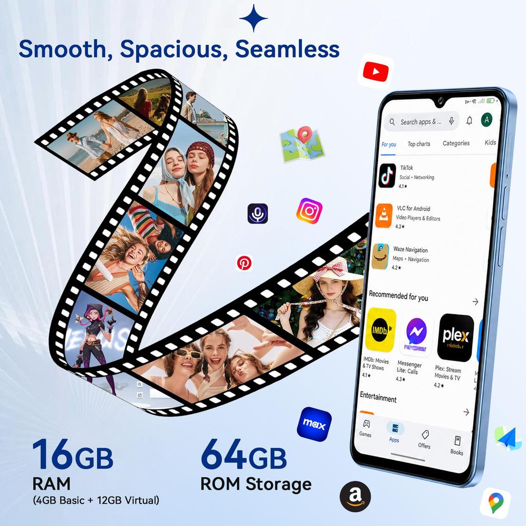 Blackview Wave 7C Android 16 Smartphone, 16 GB RAM + 64 GB ROM(TF 2TB) Smartphone 5000mAh, 6,56" HD+-Bildschirm, 32MP+13MP Kamera, Dual-SIM/Gemini AI/GPS