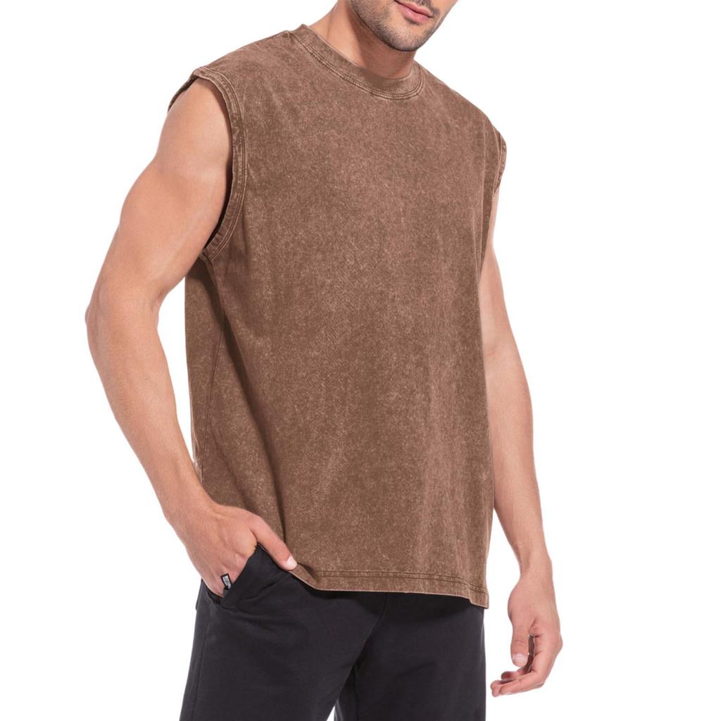 Men's Retro Washed Distressed Sleeveless Pure Cotton Tank Top - Loose Fit, Plus Size, Summer Casual Wear