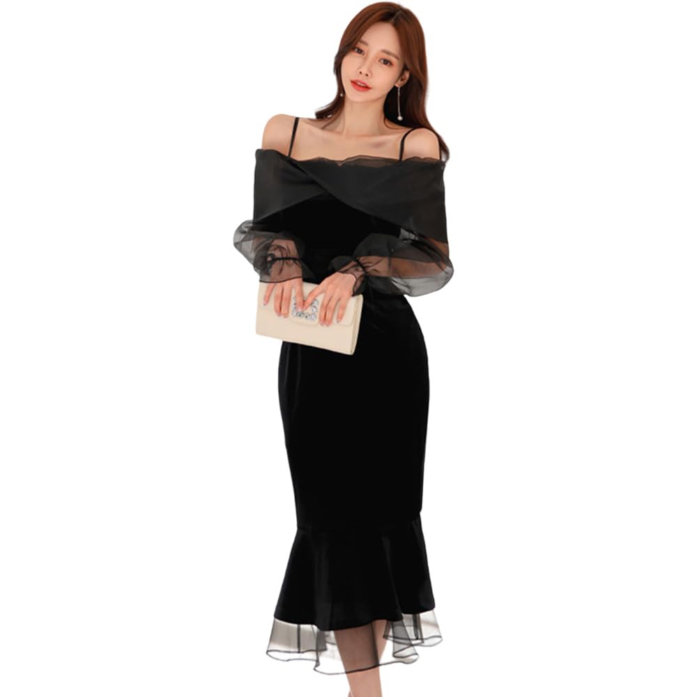 GRAXIA Cabaret Midi Chiffon Velour Size for Hostess and Lounges Dress, Mermaid-Line Off-the-Shoulder Dress, Knee-Length, Women's, Black, L, Hostesses,