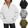 2026 Women's Stand Collar Fleece Hoodie with Pockets, Autumn-Winter Casual Loose Fit, Solid Color Ribbed Top.