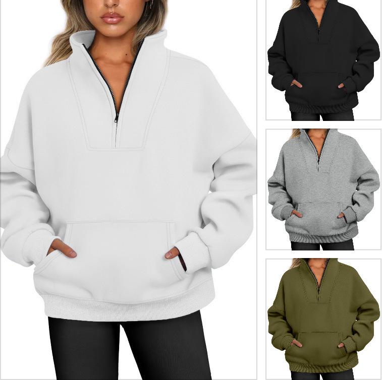 2026 Women's Stand Collar Fleece Hoodie with Pockets, Autumn-Winter Casual Loose Fit, Solid Color Ribbed Top.