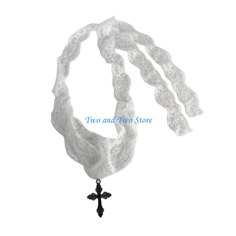 HX6F Adjustable Lace Crosses Necklace With Fabric Handmade Vintage Designs for Women s Stylish Layer Accessories белый