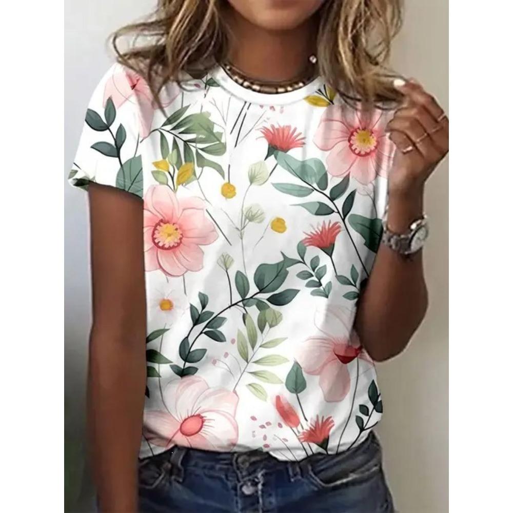 Summer Women’s Casual Fashion Flower 3D Printed T-shirt Loose Breathable Plus-size Casual Sports Versatile Crew Neck Short-sleeve T-shirt