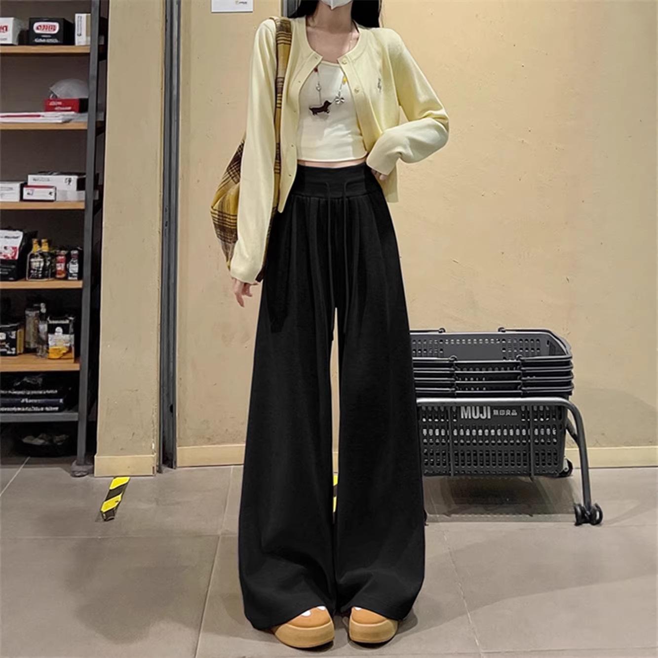 Women s American Style Gray Wide-Leg Sweatpants for Spring and Autumn - Casual, Loose, Straight Fit L чёрный