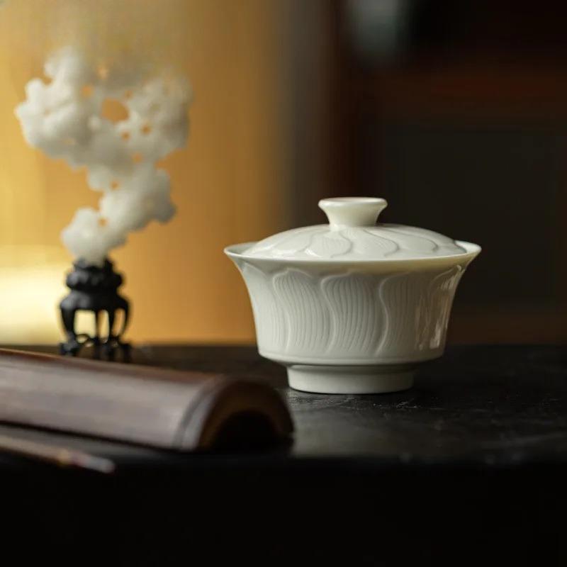 140ML Ding Kiln White Lotus Leaves Gaiwan Aesthetic Tea Tureen Tea Bowl With Lid Kit Tea Brewing Cover Bowl Tableware Decoration