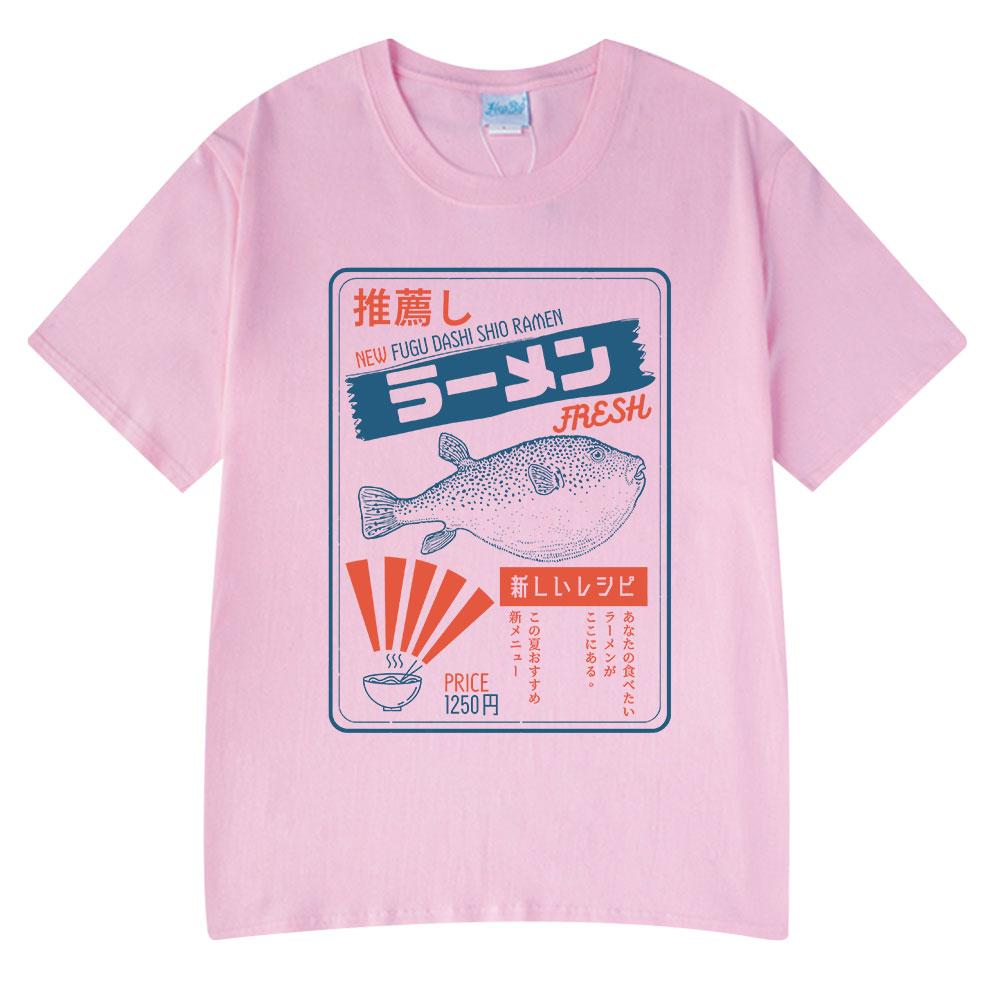 Vintage Fugu Puffer Fish Ramen T-Shirts Men Women Clothing Summer 100% Cotton Tee Shirt Fashion Crewneck Short Sleeve T Shirt