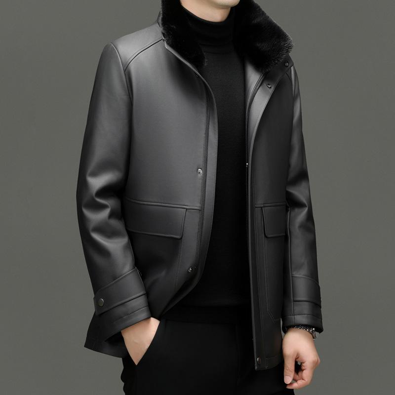 

Мужская куртка из натуральной кожи, утолщенная и съемная подкладка из меха кролика-рекса, повседневная куртка-пинник для папы среднего возраста 195