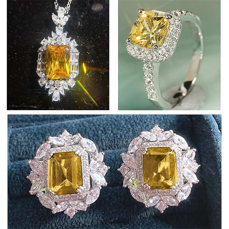 Huitan Complete Yellow CZ Jewelry Suite for Women Earrings Pendant Necklace Ring CZ Bridal Engagement Wedding Gift BoxGood Product