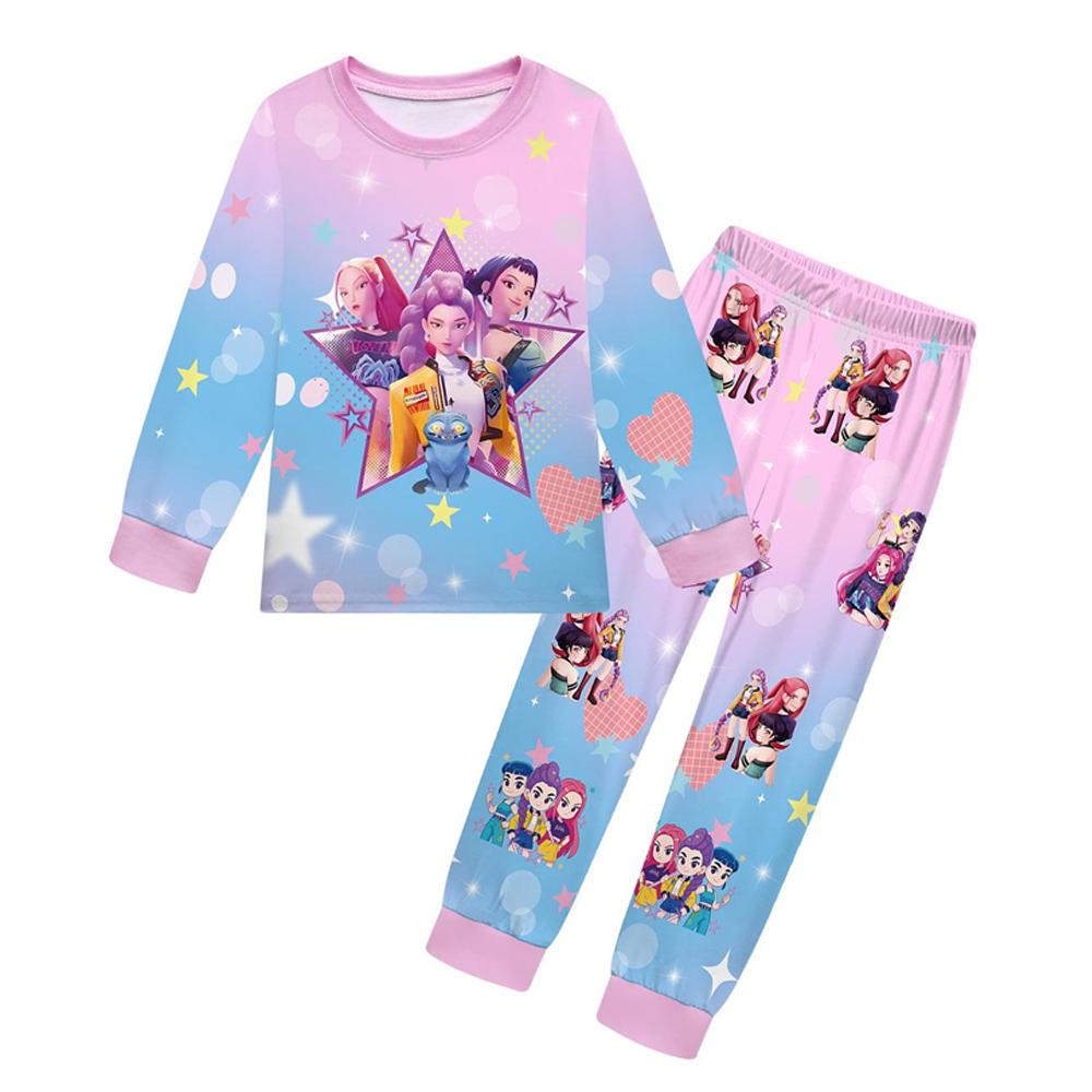 2 Stück K-Pop Dämonenjäger Kawaii Pyjama-Set Mädchen Cosplay Nachtwäsche Anime Langarm-Oberteile + Hose Geschenk für Fans