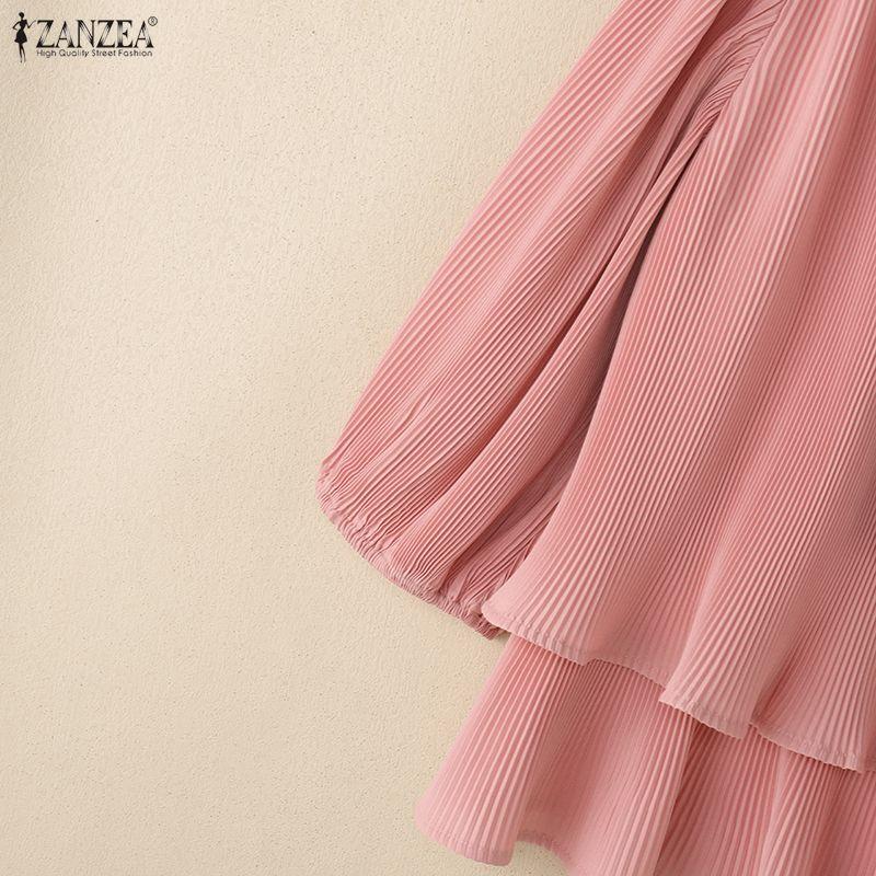 ZANZEA Women Elegant Casual Round Neck 3/4 Sleeve Loose Pleated Blouse