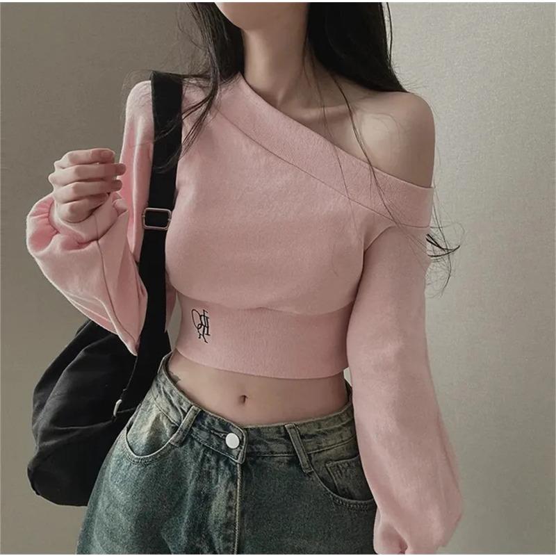 

Женские топы с неровным косым воротником, осенне-зимний укороченный топ с длинным рукавом, сексуальные толстовки с открытыми плечами, модная короткая толстовка-пуловер L розовый