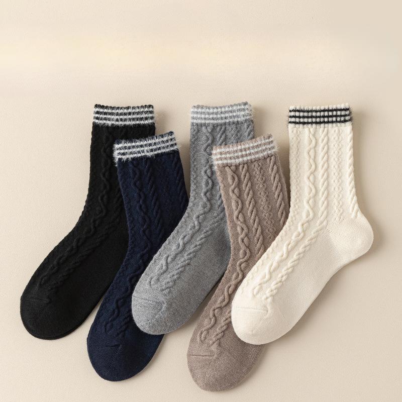 Wool Socks, Women's Linen Patterned Mid-calf Socks, Thick and Warm Cashmere Long Calf Socks for Autumn and Winter, Versatile Socks