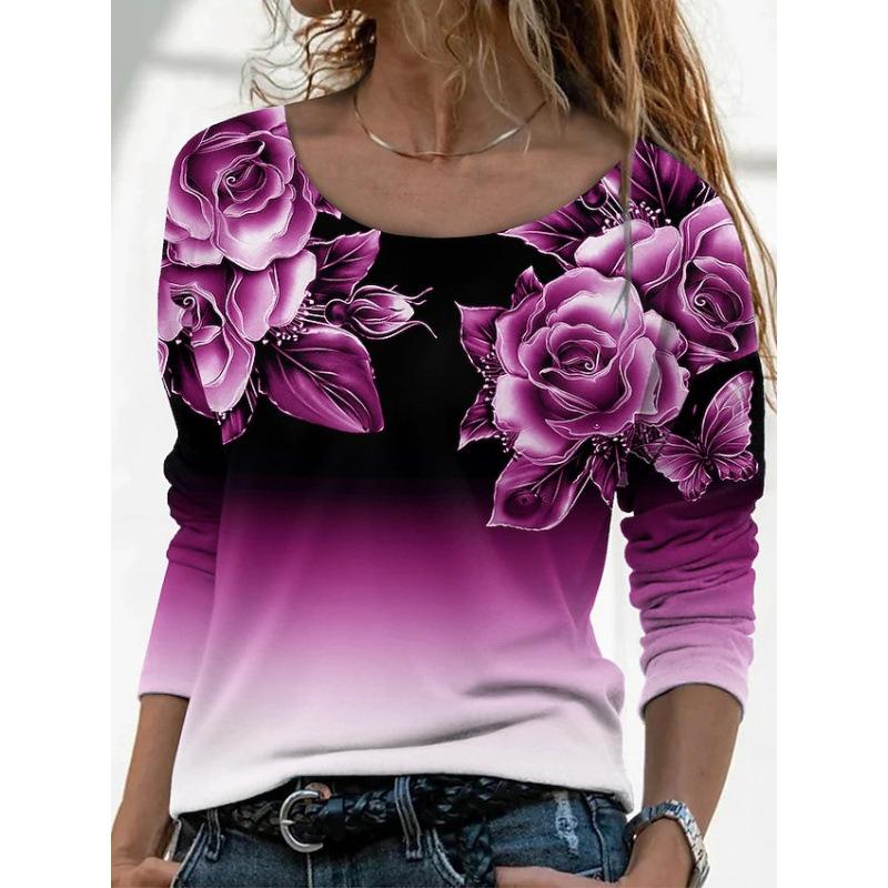 Women's Floral Print Gradient Long Sleeve Top Casual Crew Neck 3D Rose Print Tunic Shirt