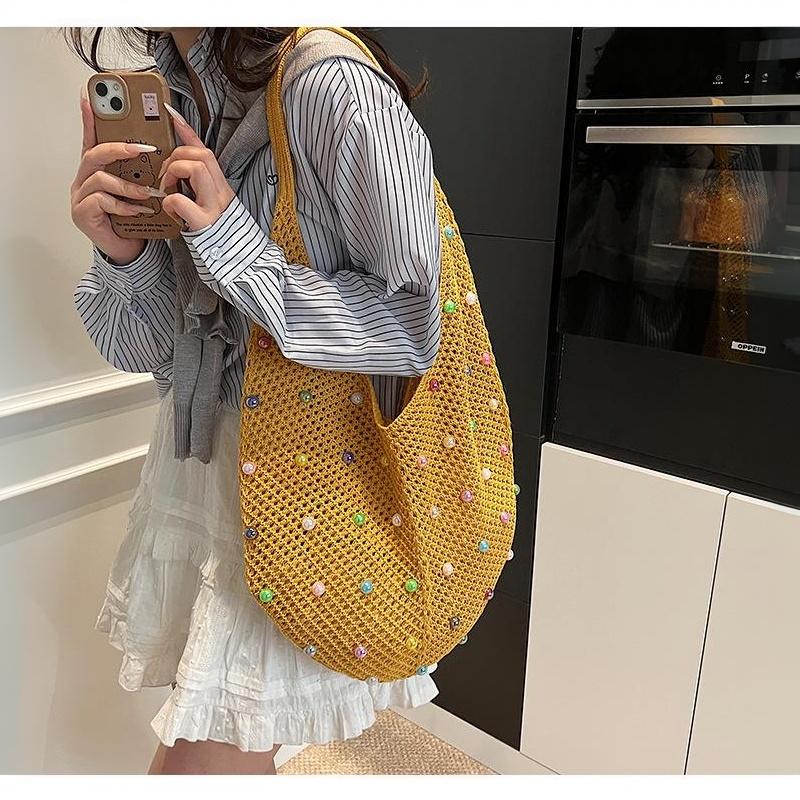Hollow Out Single Shoulder Knitted Beach Bag Women's Colorful Large Capacity Tote for Seaside Holiday Pool Parties