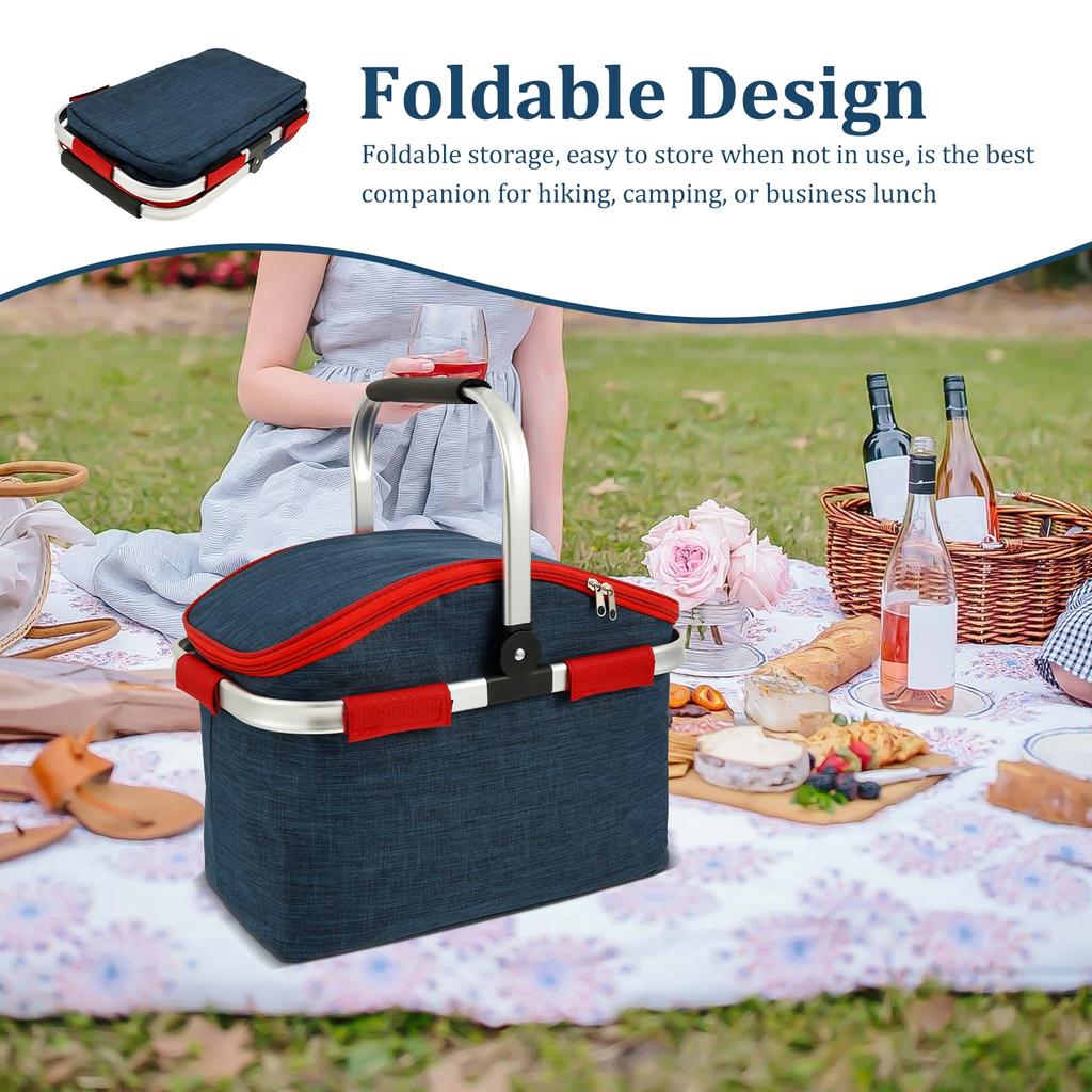 Picnic Basket D600 Oxford Cloth Insulation and Waterproof Shopping Basket Large Capacity Foldable Outdoor Carry Basket for Lunch