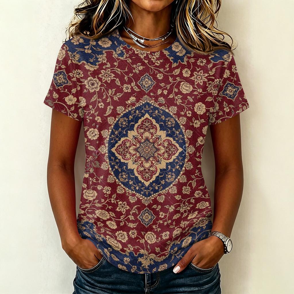 Women's Casual Pullover T Shirt Short Sleeve Round Neck Floral Print Top Lightweight Soft Fabric Relaxed Fit Tee for Everyday Wear