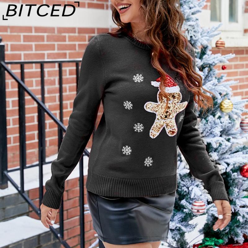 BITCED Weihnachtsstrickwaren für Damen Herbst/Winter Rentier bestickt Bezaubernder weihnachtlicher Strickpullover