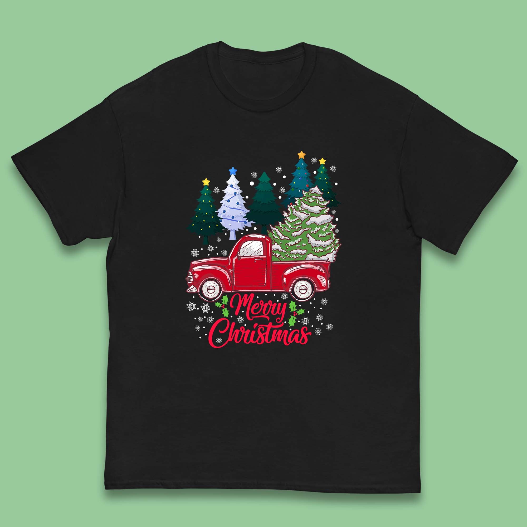 Merry Christmas Red Retro Truck Kids T Shirt Christmas Tree Top 150