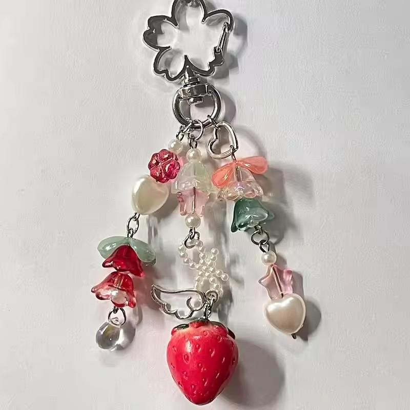 Cute Bear Strawberry Beaded Phone Chain Y2K Coquettish Fairytale Lily Of The Valley Keychain Handbag KeyPendant Accessories Gift