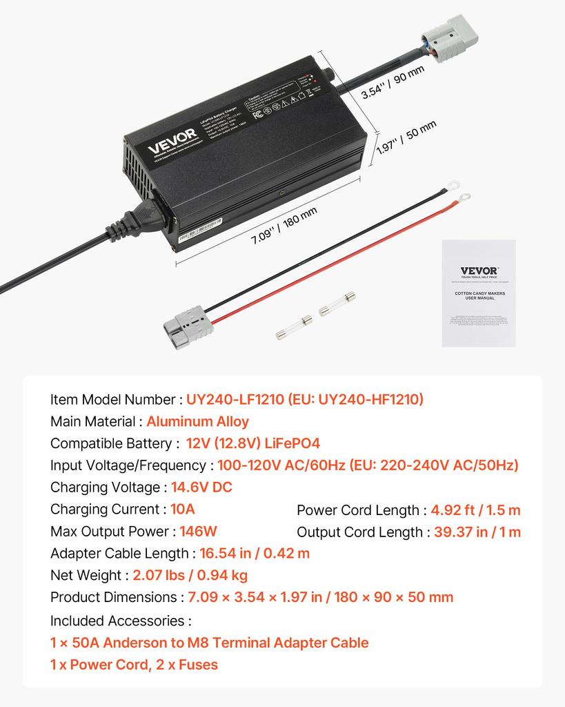 VEVOR 12V 10A Lithium Battery Charger, 14.6V, AC-DC LiFePO4 Smart Charger, with Anderson Connector, LED Indicator, 0V Activation