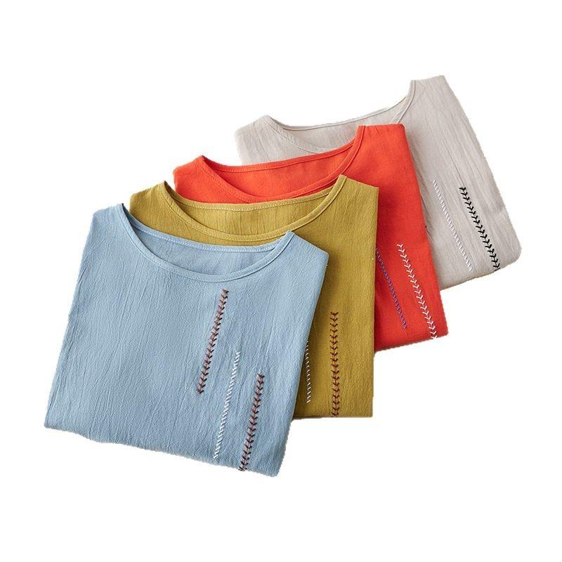 Short-sleeved Women's Embroidered Cotton and Linen Round Neck Summer Loose Large Size T-shirt Pullover Women