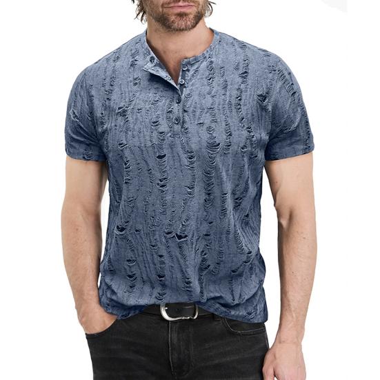 Summer Men Top Short Sleeves Round Neck Ripped Holes Buttons American Style Solid Color Shirt for Streetwear Daily Travel
