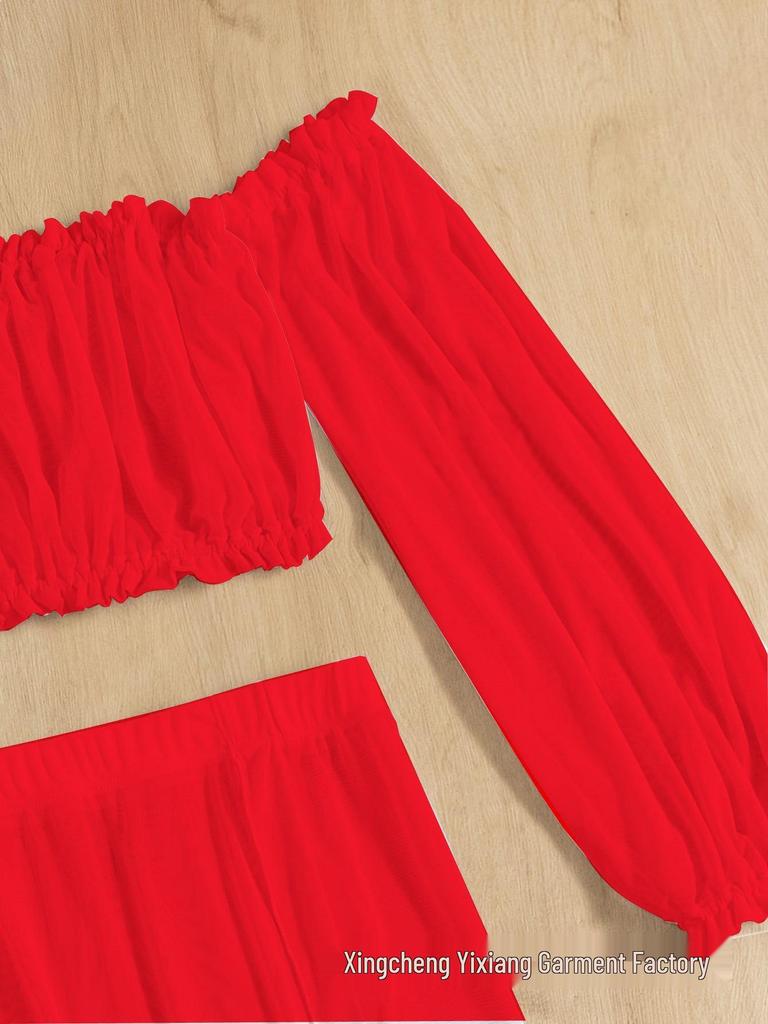 Women's European & American Off-Shoulder Swimsuit Cover-Up: Long Sleeve, High Slit Skirt, Two-Piece Set