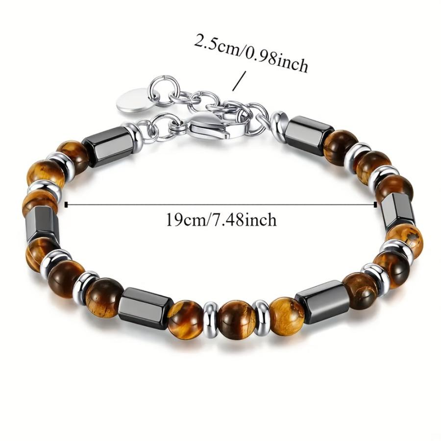Bohemian Style Men's Stainless Steel Bracelet with Natural Tiger Eye Stone Beads - Fashionable Geometric Design Accessory