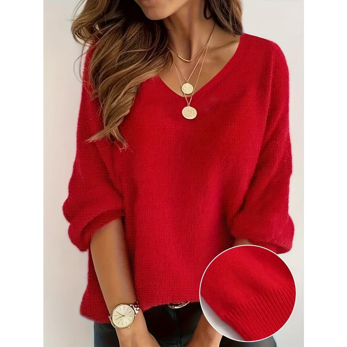 

Women s Fall Winter V-neck Solid Color Loose Casual Commute Pullover Knit Sweater S красный