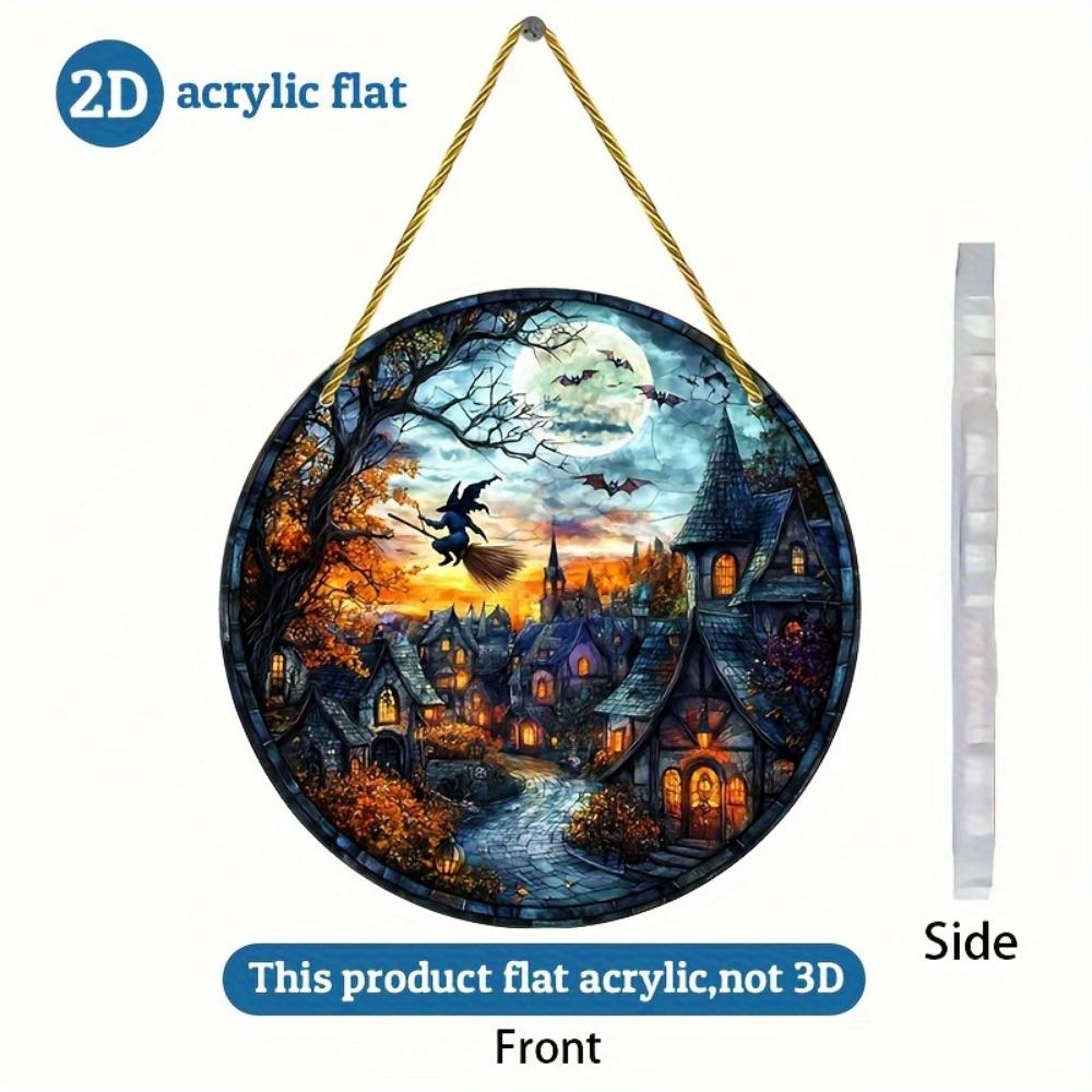 2D Flat Acrylic Halloween Village Decoration - Witch Riding Broom, Full Moon, Suitable for Windows, Walls, Porches, Classrooms, Home Garden Decoration