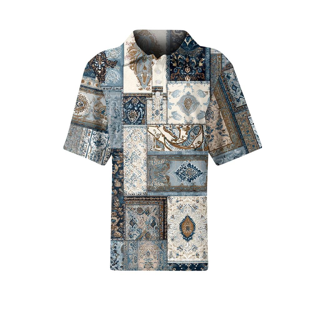 Women's Casual Short Sleeve Waffle Knit Polo Shirt Retro Floral Print Button Down Top Lightweight Breathable Summer Blouse