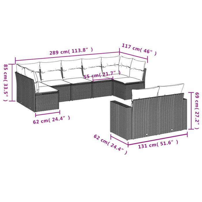 VidaXL Salon de Jardin avec Coussins 9 pcs, Canapés de Terrasse, Ensemble de Meubles de Patio, Mobilier d'Extérieur, Beige 3219409