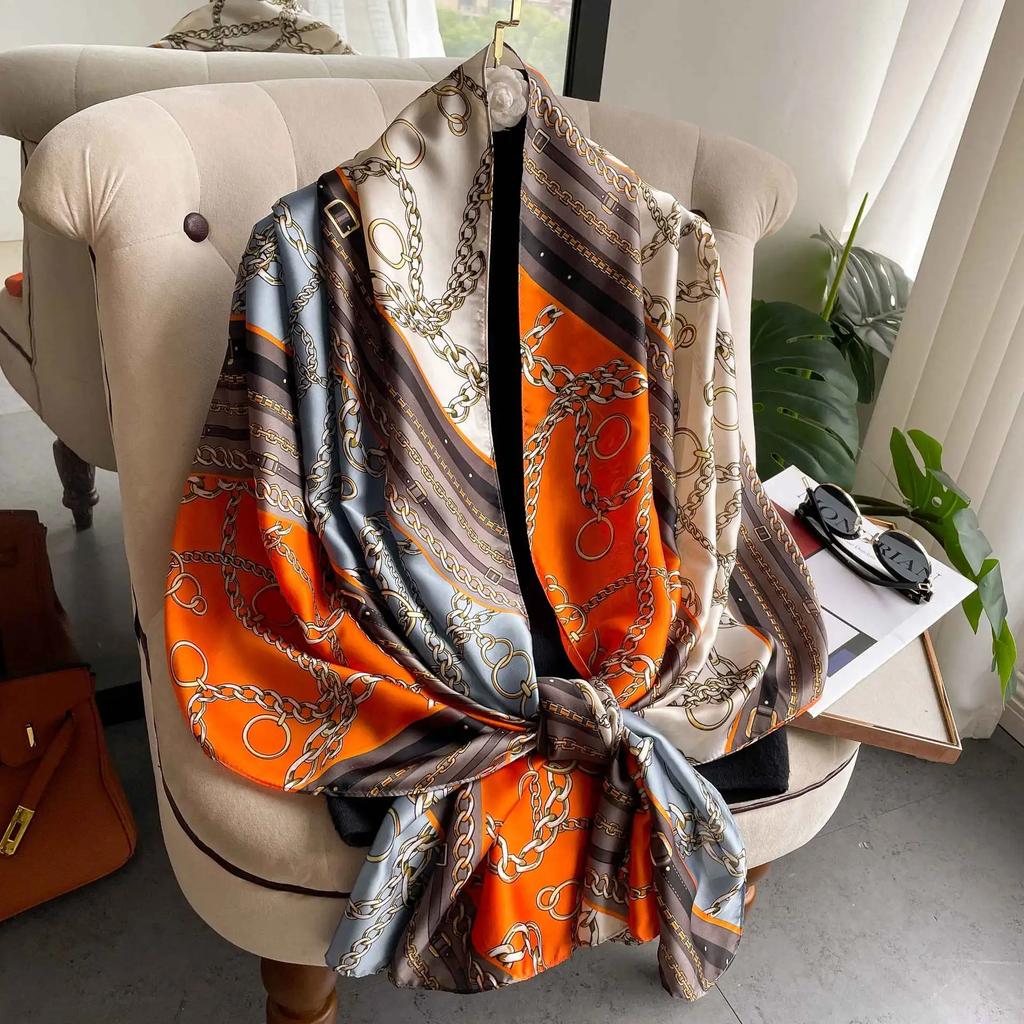 New 90*180CM Fashion Luxury Lady Print Design Shawl Soft Satin Silk Scarf Shawl Versatile Women Long Silk Scarves