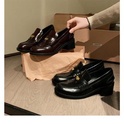 Sheepskin Leather British Style Small Gold Coins One Pedal Thick Heel Platform Loafers Women's High Heel Single Shoes Small Leather Shoes