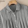 ZANZEA Women Casual Turn Down Collar Loose Short Sleeve Plaid Print Blouse