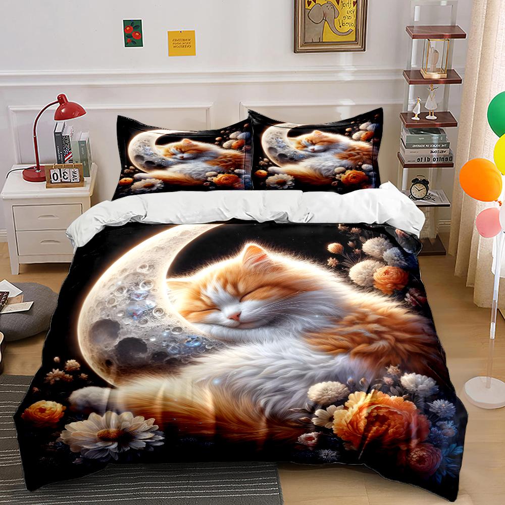 Cat sleeps on moon and flowers Print Soft Comfortable Duvet Cover Bedding Set Included 1*Duvet Cover 2*Pillowcases Luxury gifts