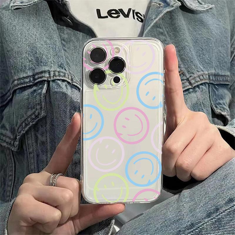 Round Happy Face Transparent Phone Case For iPhone 11 Cases iPhone 15 16 Pro 12 13 14 Pro Max Mini XR XS X 7 8 Plus SE2022 Cover