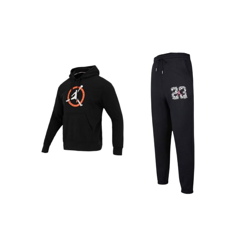 

Jordan Logo Print Hoodie And Drawstring Pants Casual Sports Set Men sets Black DJ0192-010+FB7051-010 L