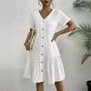 Women's V Neck Single Breasted Short Sleeve Linen Blend Ruffle Hem A Line Casual Summer Midi Dress